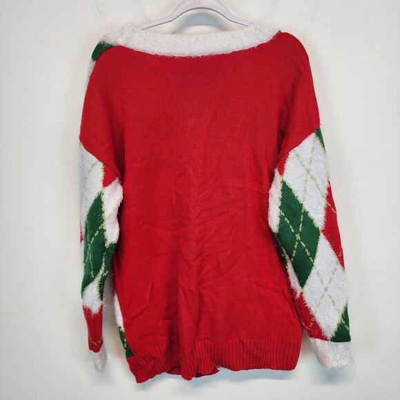 Holiday Time Ugly Christmas Sweater Cardigan Size L Elves Argle V-neck Festive - Picture 2 of 10